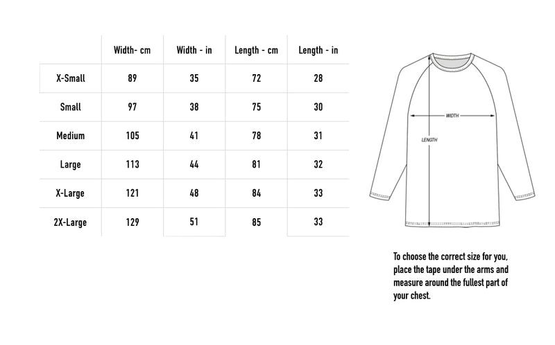 Size chart for Sabotage Raglan Tee - Black/White